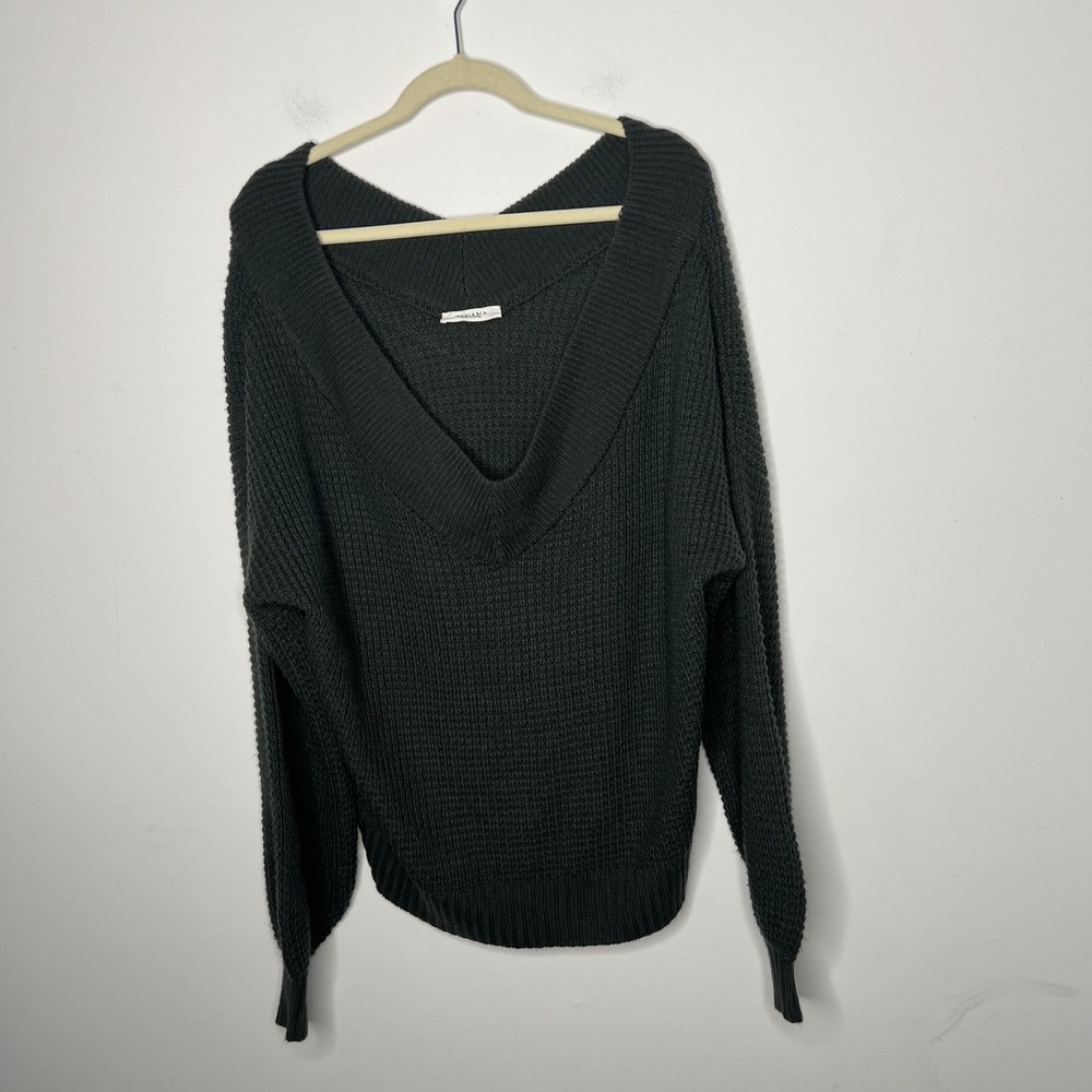 Zenana Sweater Womens XL Green V Neck Waffle Knit Oversized Balloon‎ Sleeve